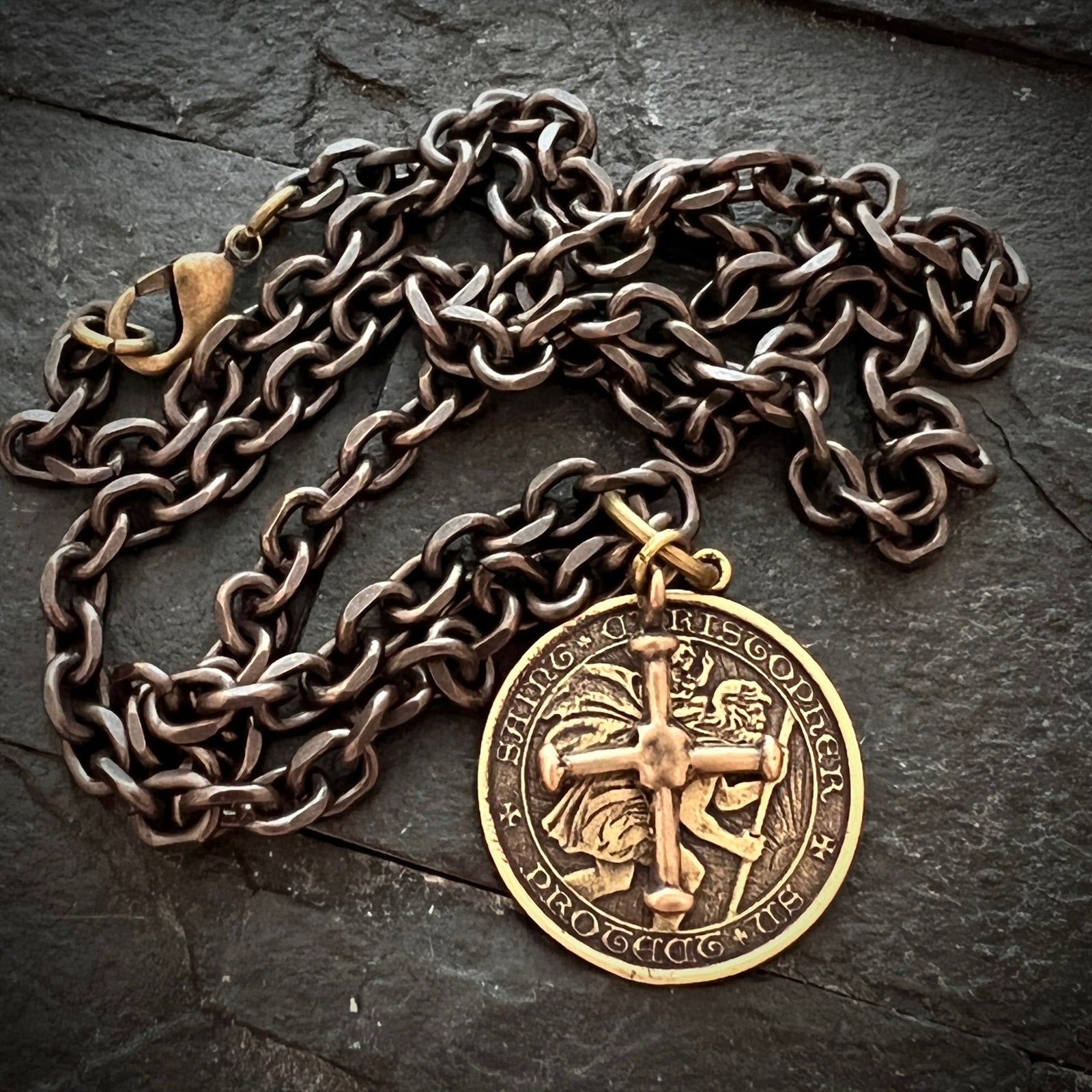 St. Christopher and Cross Antiqued Brass Men's Necklace, Johnny LTD Vintage Catholic Medal and Ancient Cross, Unisex Necklace, BR-025-20