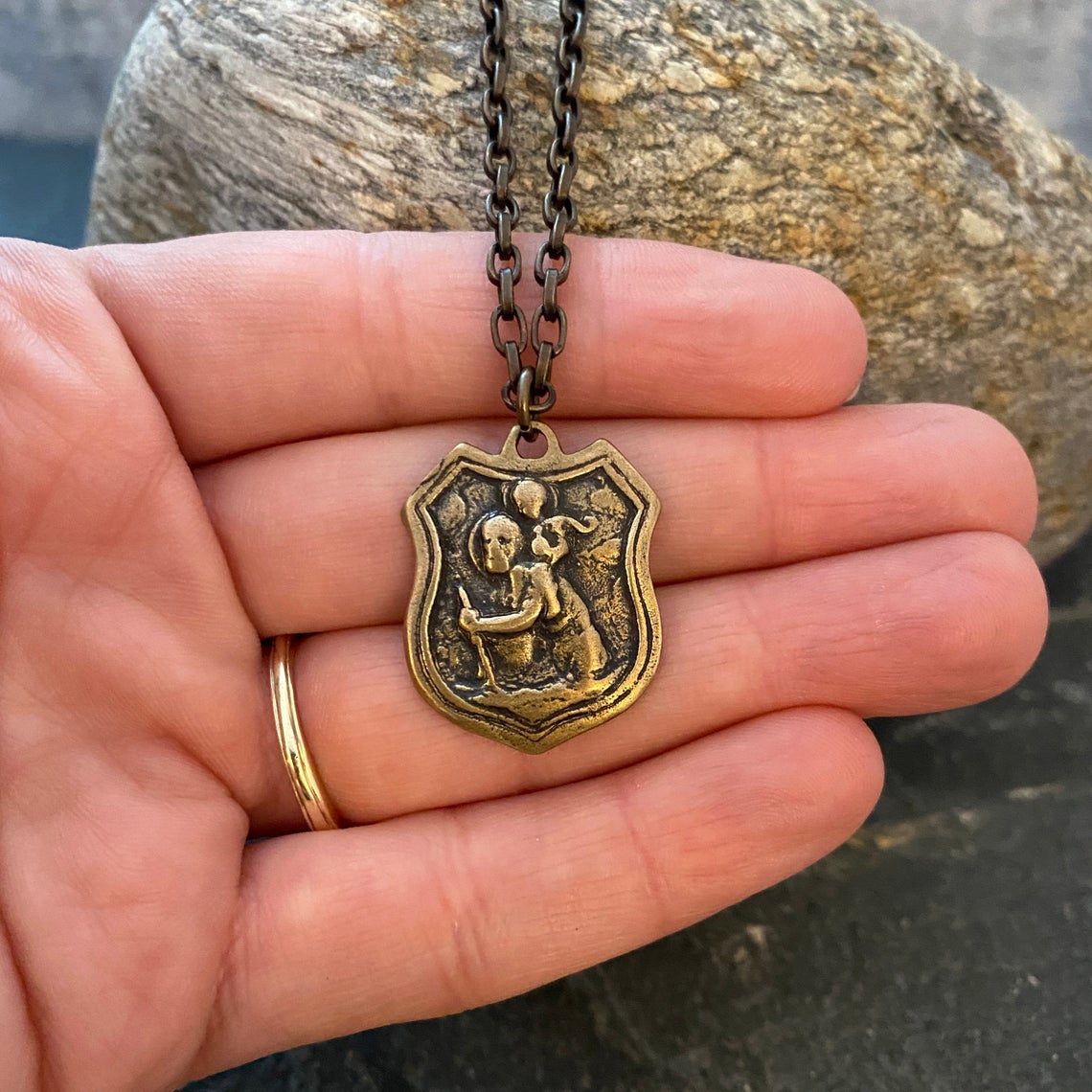 Men's Antiqued Brass Necklace with Large St. Christopher Compass Medal, Unisex Jewelry, Chain length 20 or 24 inches BR-053