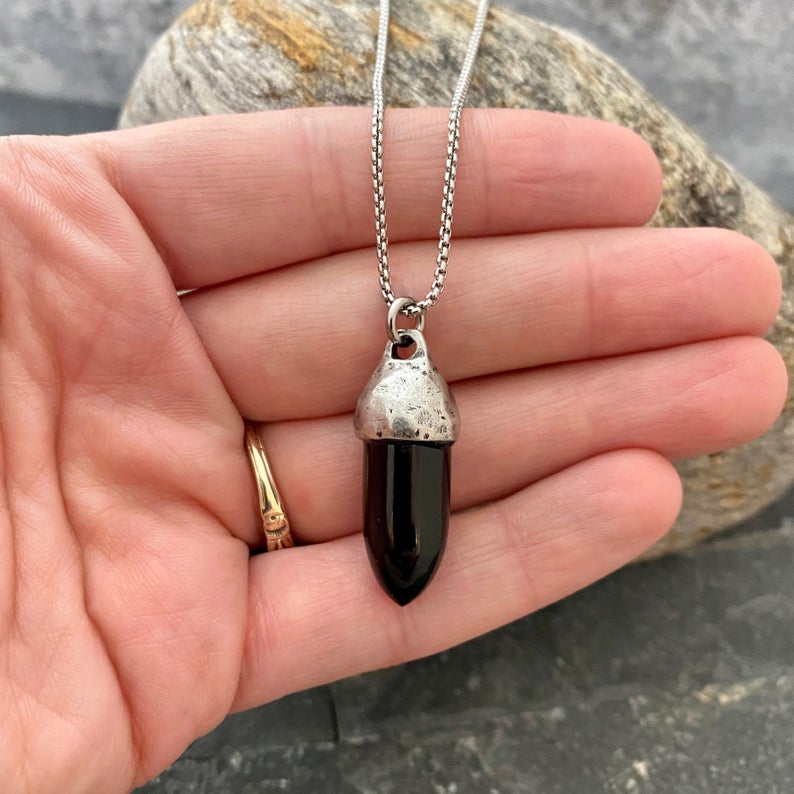 Men's Black Onyx Necklace, Unisex Gemstone, Stone Protection Pendant, Stainless Steel, Boyfriend Gift, GS-002