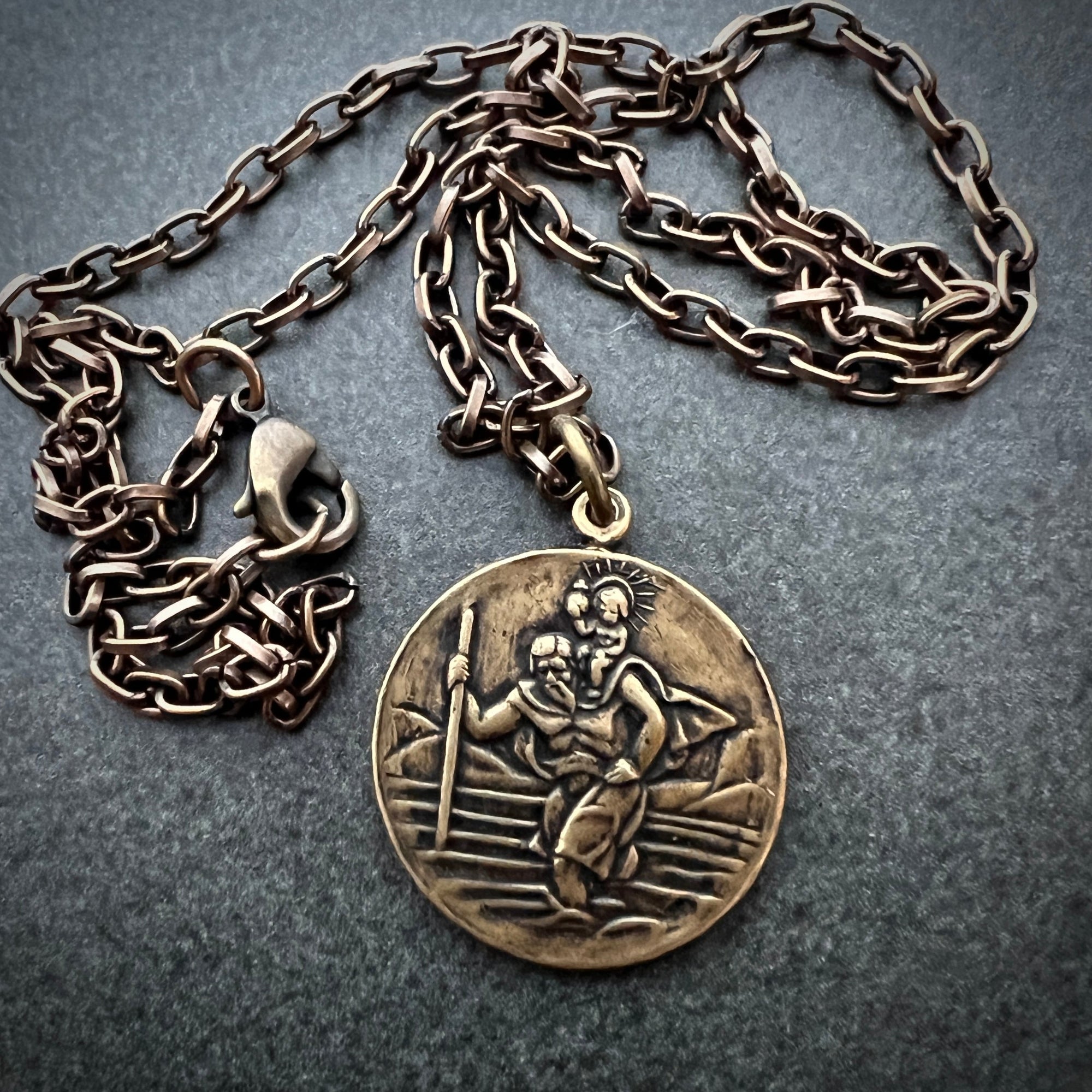 Men's Necklace St. Christopher, Patron of Travelers, Protect Us Talisman, Unisex Jewelry, Vintage Catholic Brass Medal, BR-011