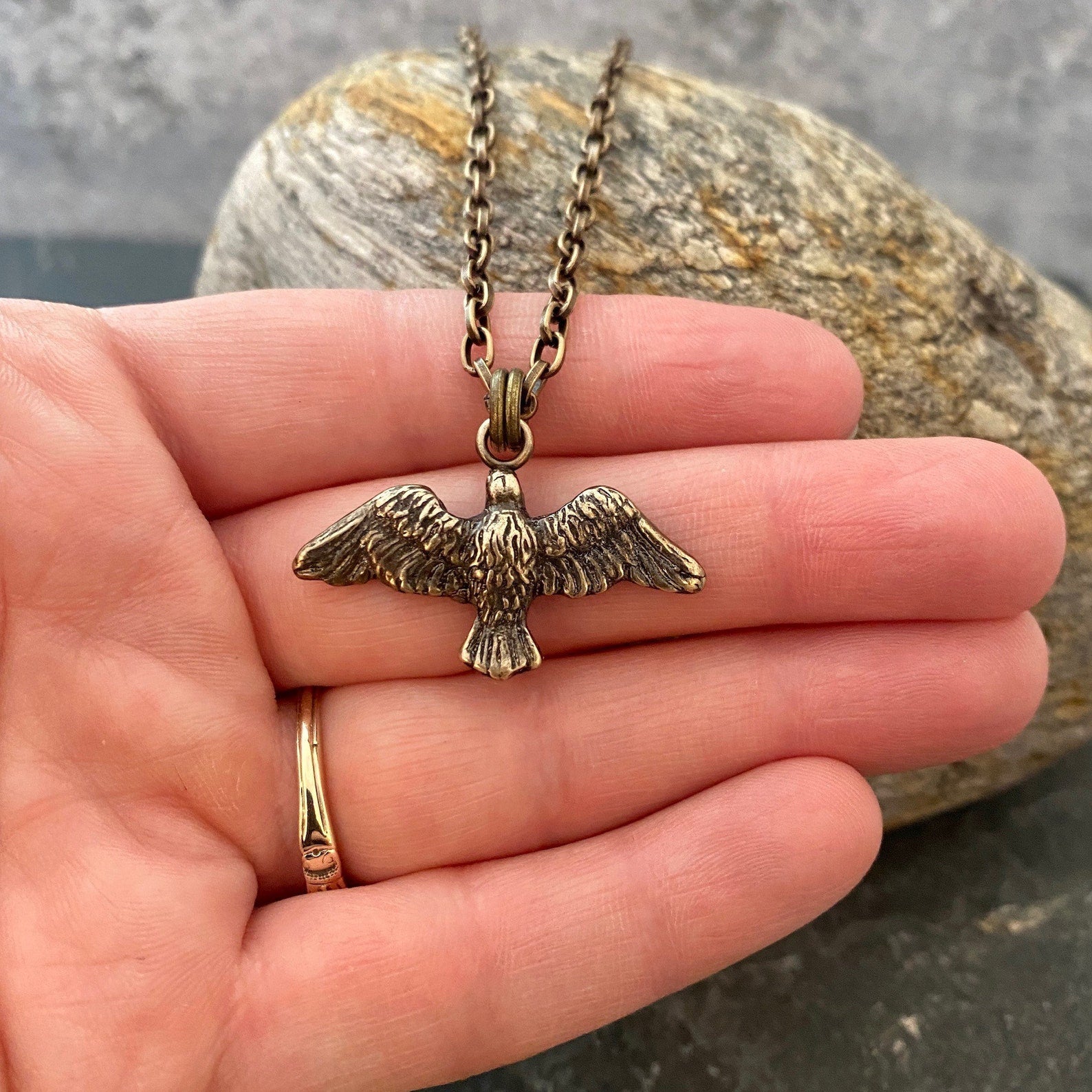 Men's Eagle Bird Necklace, Freedom Jewelry, Brass and Bronze Unisex Jewelry, 20 or 24 Inch Rolo Chain, BR-059