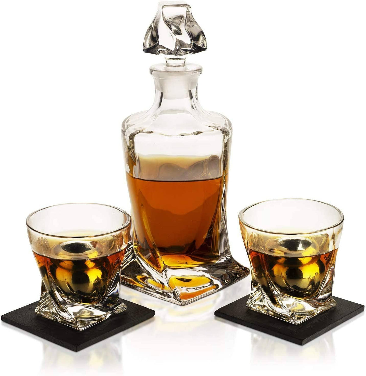 Engraved Decanter, Scotch Glasses and Whiskey Stone