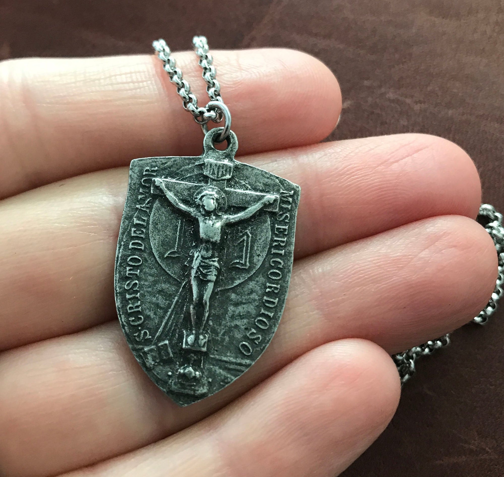 Men's Necklace featuring a Crucifix Shield and Blessed Mother Mary, Unisex Necklace, Catholic Pendant 20 or 24 inch Chain, ST-023