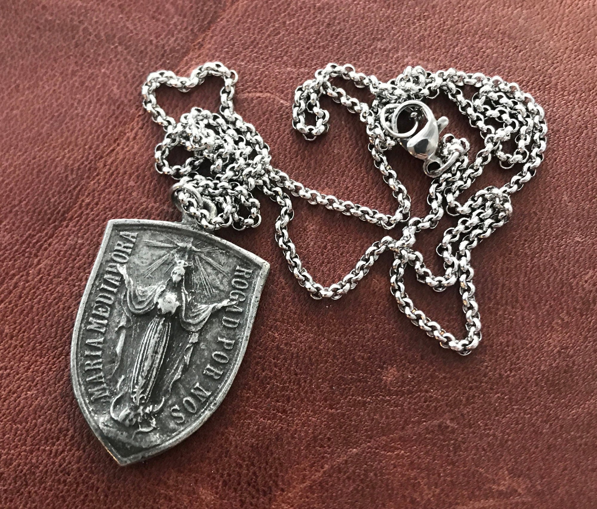 Men's Necklace featuring a Crucifix Shield and Blessed Mother Mary, Unisex Necklace, Catholic Pendant 20 or 24 inch Chain, ST-023