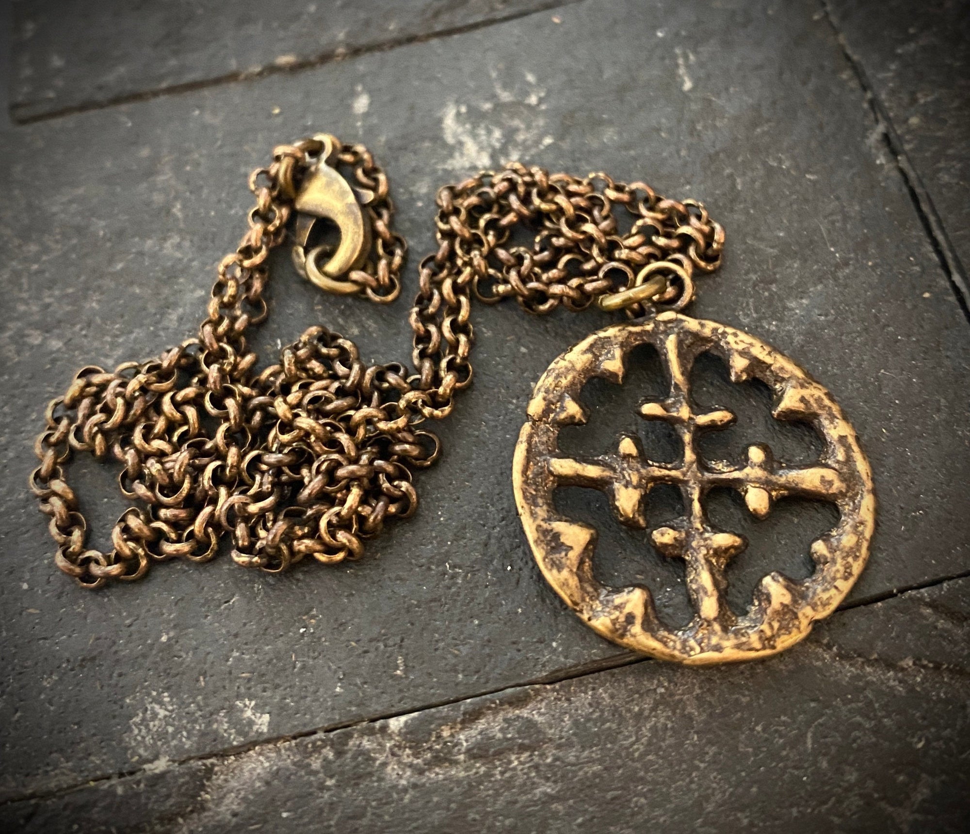 Men's Necklace, Viking Era Cross Produced from Original 10th Century Piece, Antiqued Brass Unisex Jewelry, 20 or 24 Inch Chain, BR-016