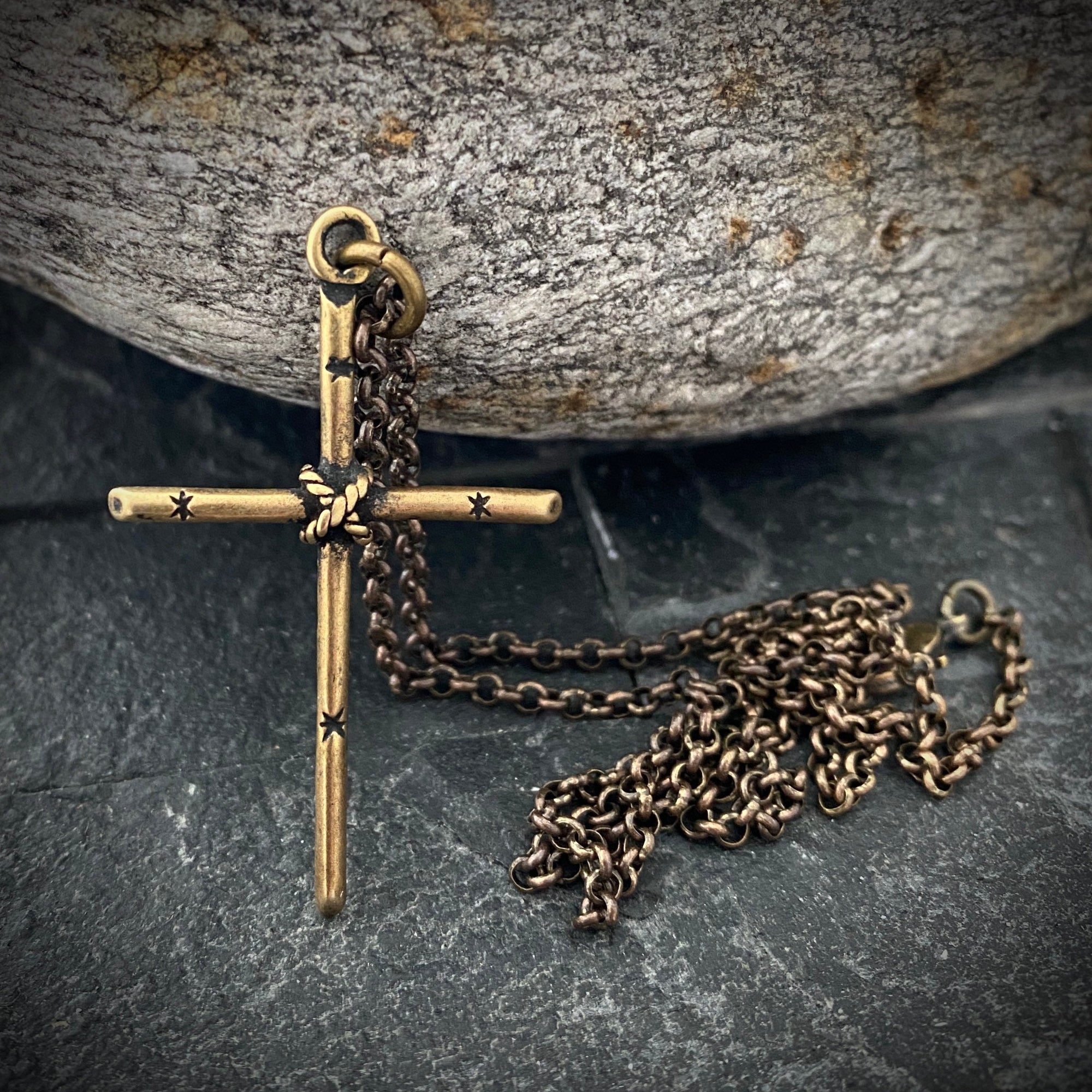 Men's Solid Bronze and Brass Simple Rope Cross Necklace, Unisex Necklace, BR-022