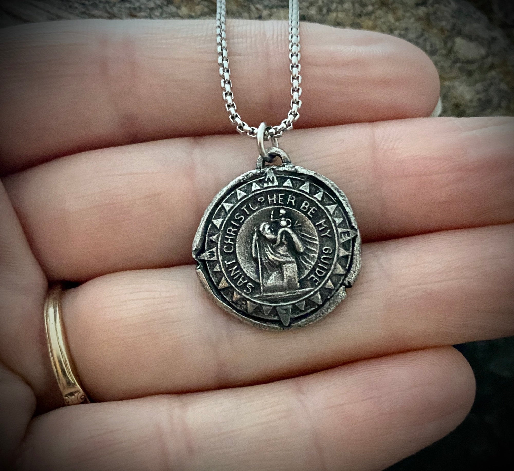 Men's necklace with St. Christopher Wax Seal Medal, unisex necklace, Chain length in 20 or 24 inches ST-010