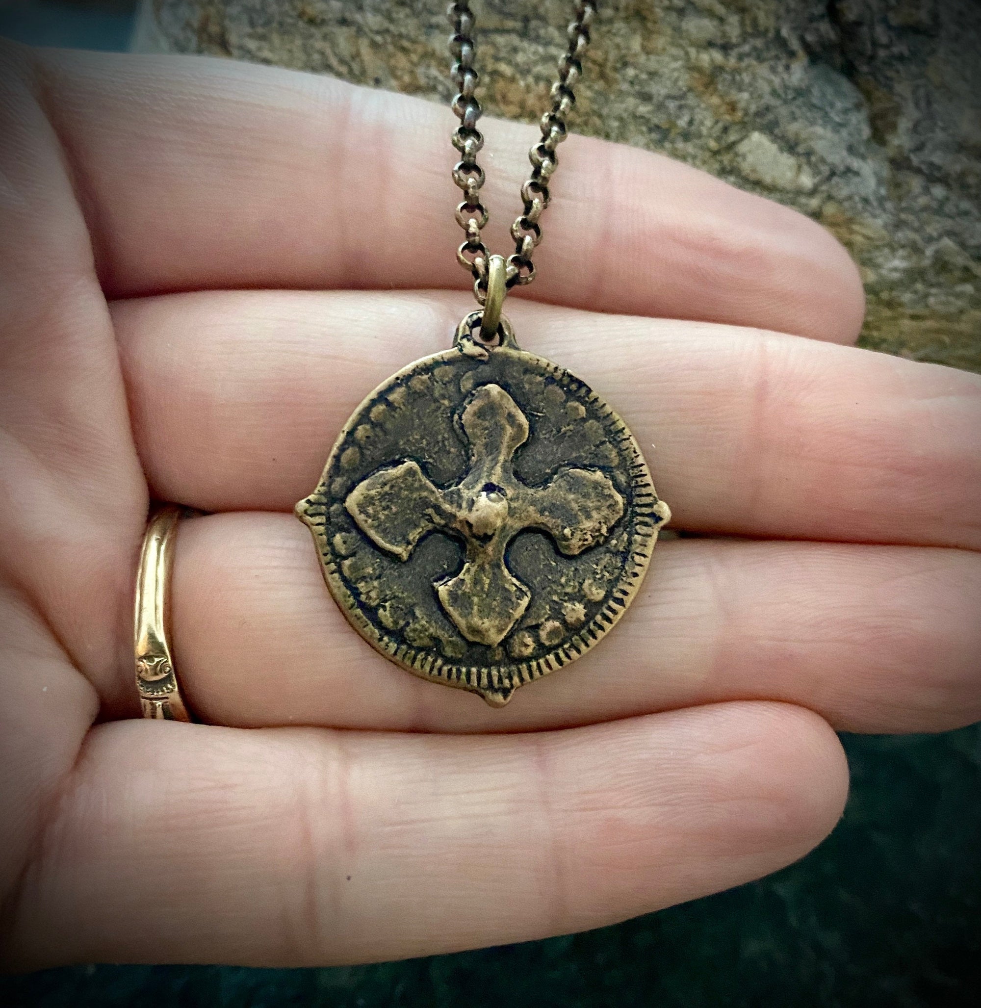 Men's Cross Necklace, Archangel St. Michael, Antiqued Brass and Bronze Unisex Jewelry, 20 or 24 Inch Chain, BR-026