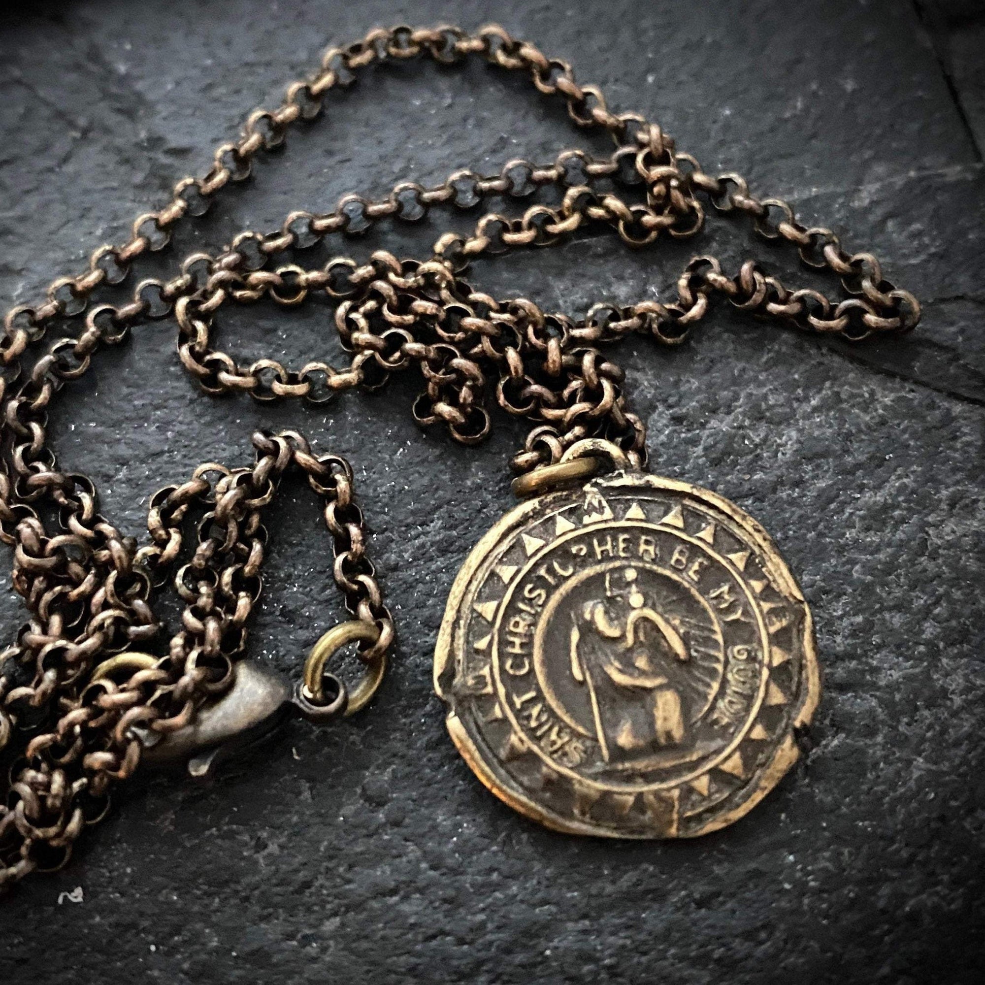 Men's Antiqued Brass Bronze Necklace with St. Christopher Medal, Unisex Necklace, Chain length 20 or 24 inches BR-035