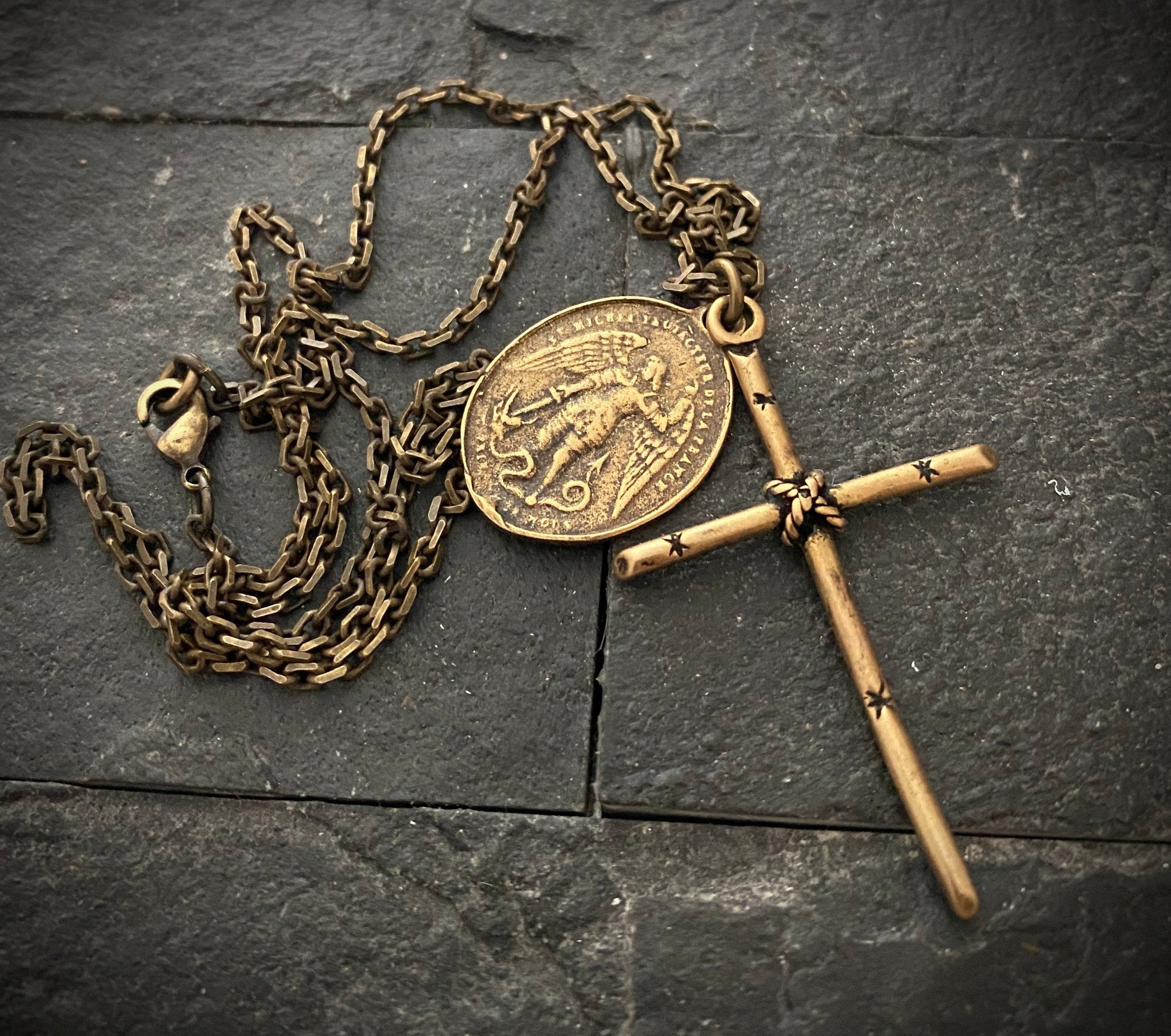 Men's Antiqued Brass Dual Pendant Necklace with Rope Tied Cross and Archangel St. Michael Medal, Unisex Necklace, BR-036, Johnny Ltd