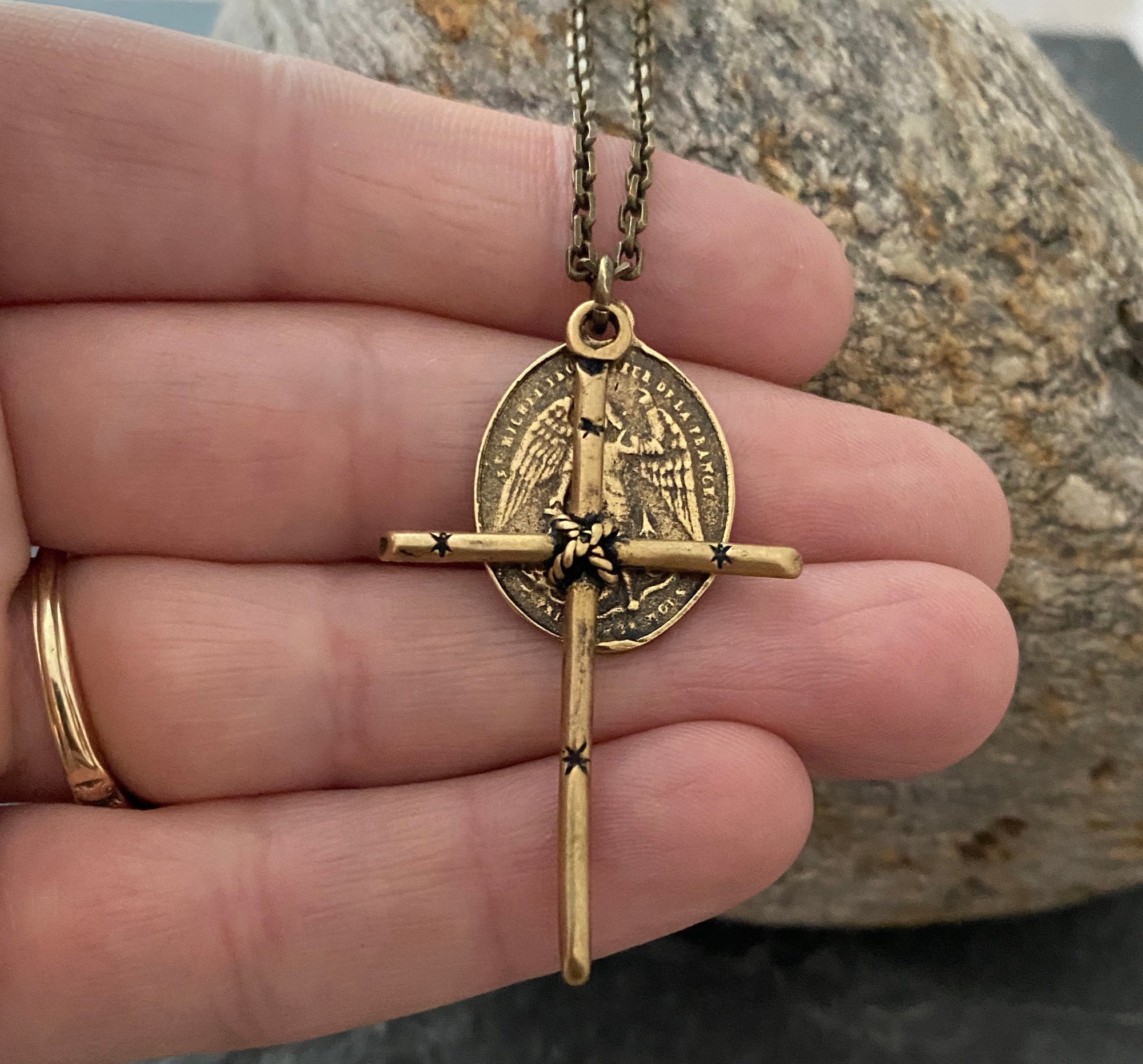 Men's Antiqued Brass Dual Pendant Necklace with Rope Tied Cross and Archangel St. Michael Medal, Unisex Necklace, BR-036, Johnny Ltd