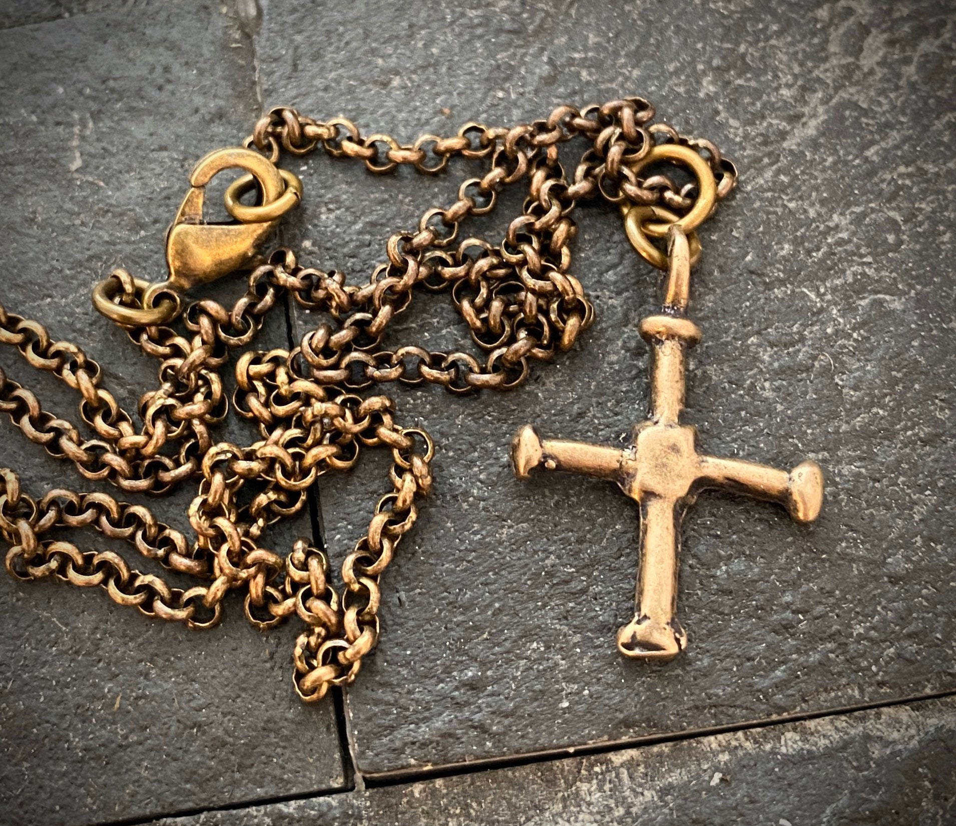 Small Cross Antiqued Solid Bronze Men's Necklace, Ancient Viking Cross, Unisex Jewelry, Brass Chain BR-040