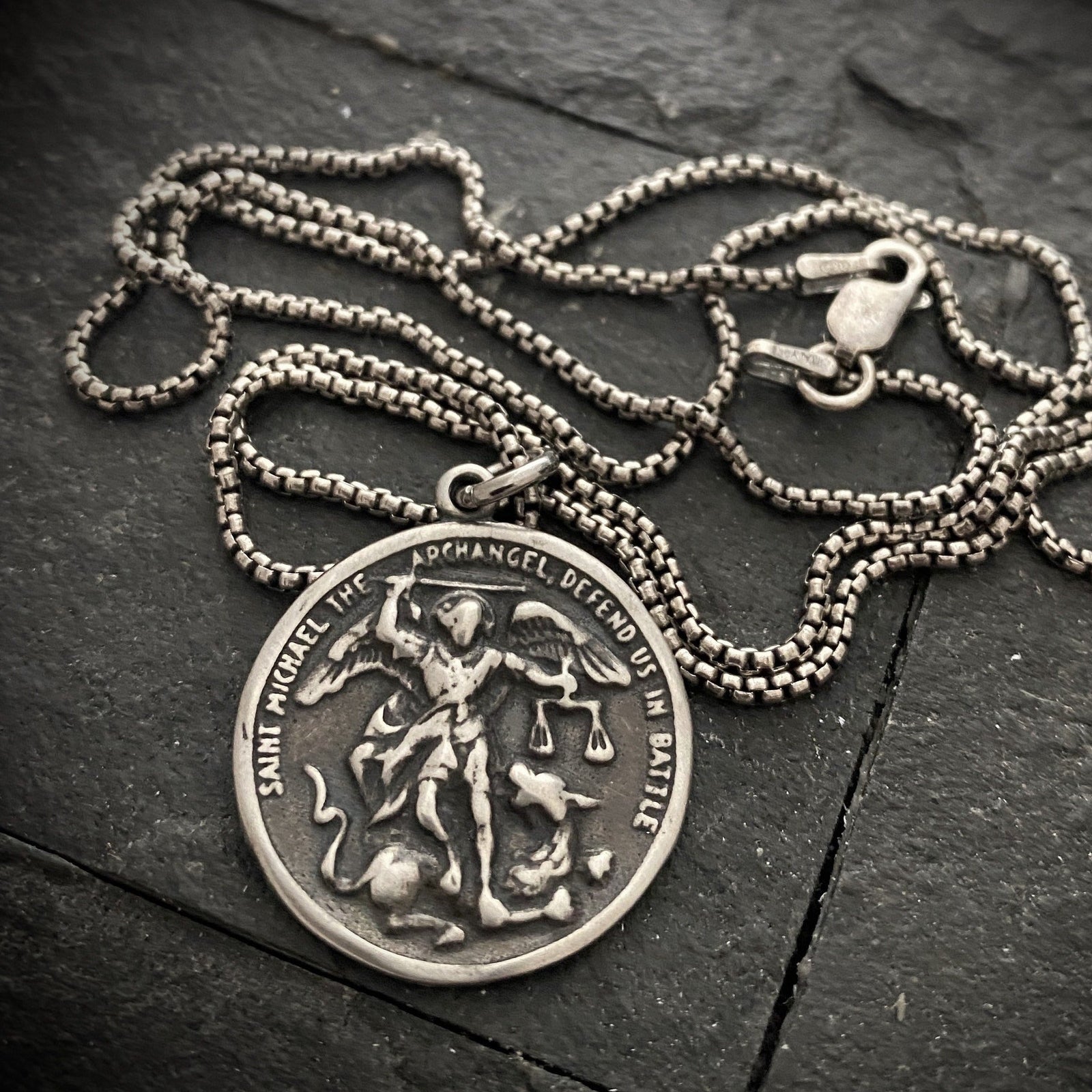 Men's Sterling Silver Archangel St. Michael Necklace, Oxidized Silver Unisex Jewelry, 20 or 24 Inch Chain, SS-014