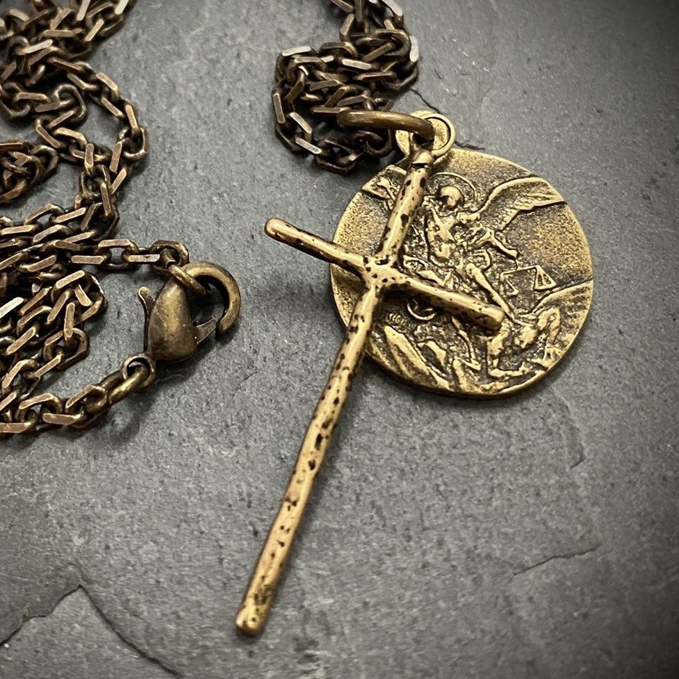 Men's Necklace, Archangel St. Michael Vintage Style Catholic Medal with Cross, Antiqued Brass Unisex Jewelry, 20 or 24 Inch Chain, BR-034