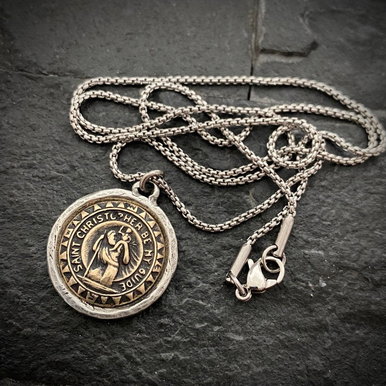 St. Christopher Men's Necklace, Two Tone Mixed Medal, Bronze, Unisex Jewelry, ST-040