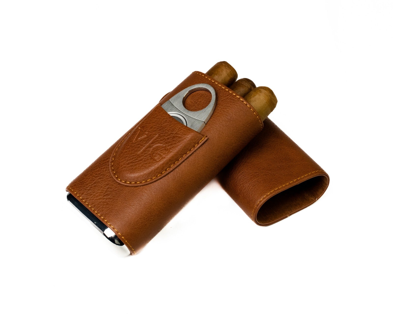 Travel Sized Personalize Leather Cigar Case with Cigar Cutter , Groomsman Cigar Case, Best Man Gift (Brown)