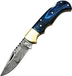 Blue Damascus Lockback Pocket Knife