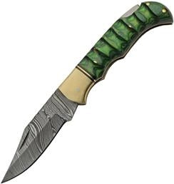 Grooved Lockback Damascus Steel Pocket Knife- Green